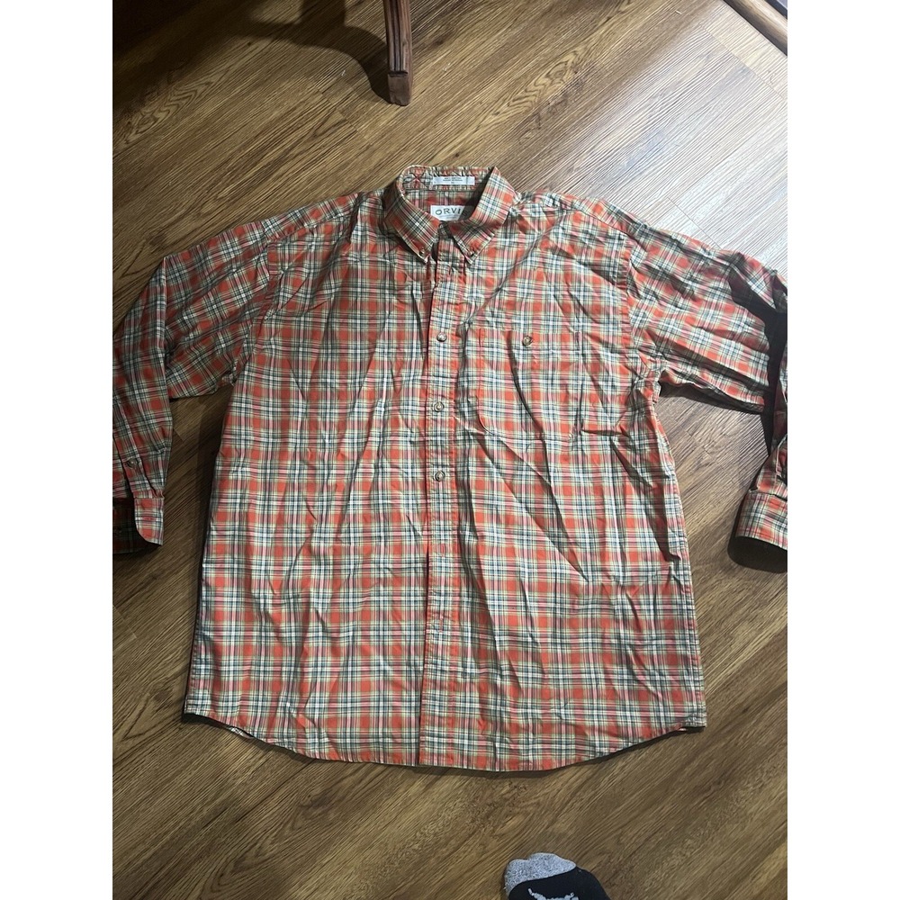 Orvis Men's Button‎ Down Long Sleeve Orange Green Plaid Shirt XL